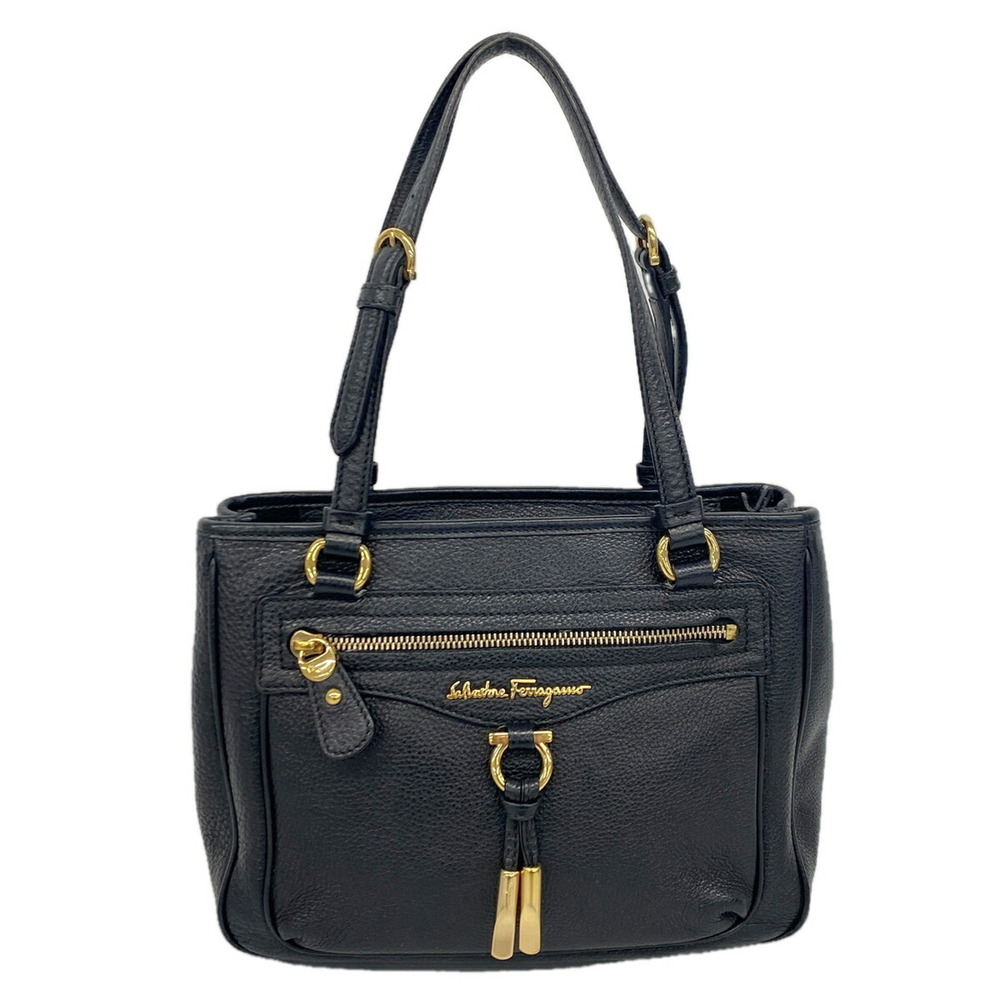 Salvatore Ferragamo Gancini Leather Handbag, Black, Women's
